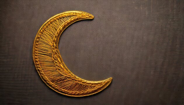 Golden Crescent Moon Symbol on Dark Background, Celestial Ornament.