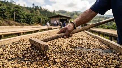 Fototapeta premium A worker treads carefully among sun-dried coffee beans, preparing them for processing on a picturesque Colombian farm surrounded by lush hills.
