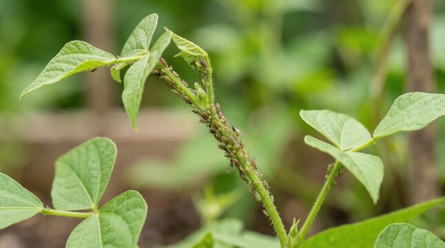 A detailed macro view of aphids on a soybean plant, showcasing the impact of pests on crops in a garden environment.