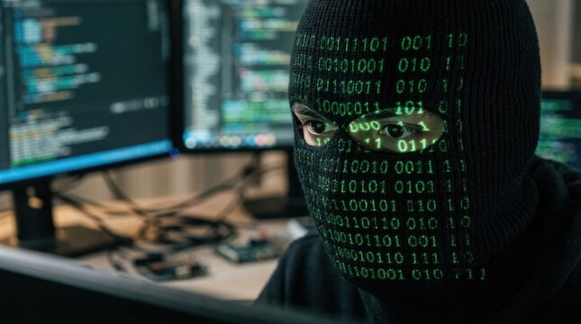 A focused hacker, masked and cloaked in darkness, studies lines of code illuminated on his screens, reflecting the world of cybersecurity and digital espionage.