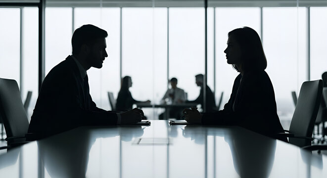 Silhouetted business professionals meeting in a modern office conference room - corporate discussion