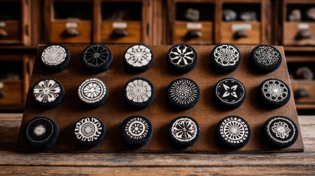 Collection of Intricate Embroidered Textile Buttons Displayed on Wooden Shelving