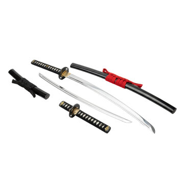 Japanese katana and traditional samurai blades with black silk hilts on a white background with soft studio lighting ancient craftsmanship concept