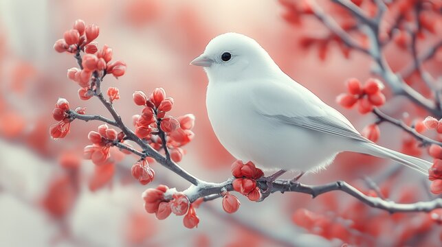 A small white bird perched on a branch with red buds in a serene winter scene with soft focus background