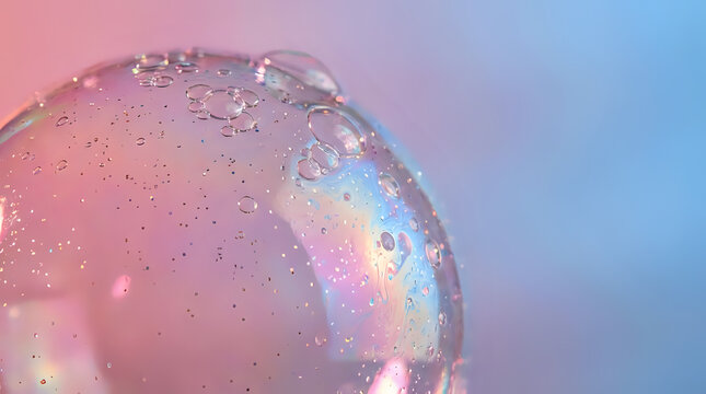 Iridescent soap bubble, a shimmering close-up of a delicate, ephemeral sphere, reflecting soft pastel pink and blue light, abstract liquid texture, for clean and fresh concepts