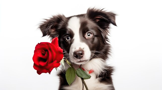 Adorable Border Collie Holding a Red Rose in its Mouth Against White Background
