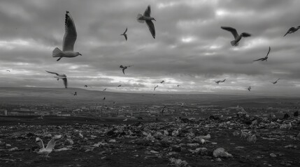 Obraz premium Flock of Seagulls Soaring Above a Vast Landfill Under a Cloudy Sky