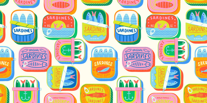 Funny hand drawn canned fish cartoon seamless pattern. Colorful tinned sardines sea food background illustration. Sardine can drawing surface print.