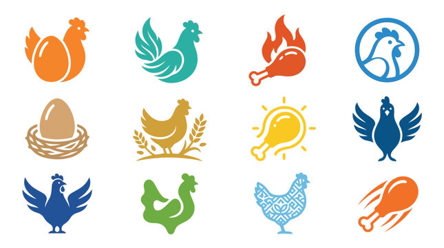 Collection of stylized chicken and egg icons, representing various aspects of poultry farming and food.