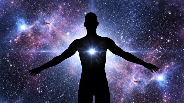 Human silhouette with glowing light in vibrant cosmic space
