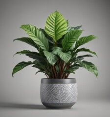 Fototapeta premium Low-lit calathea plant in minimalist gray ceramic pot with lush green leaves and intricate patterns, isolated on white background , botanical, still life