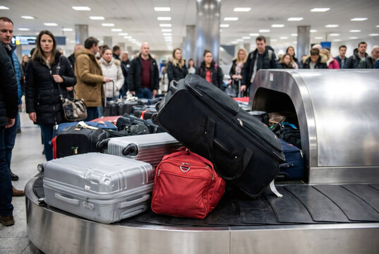 Baggage conveyor luggage jam with suitcases piling up at busy airport arrival terminal for travel insurance and logistics marketing