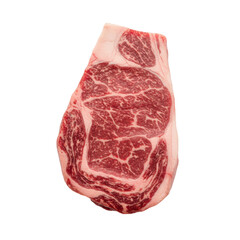 Obraz premium A single premium raw ribeye steak, ruby-red with intricate white marbling and a creamy fat cap, glistening on a transparent studio background, premium culinary quality concept