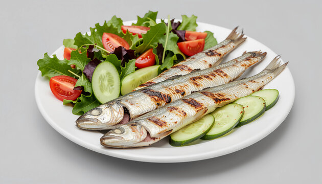 A premium food photograph of grilled sardines with a slightly crisp skin and juicy interior, arranged neatly with a fresh salad of greens, tomatoes, and cucumber.