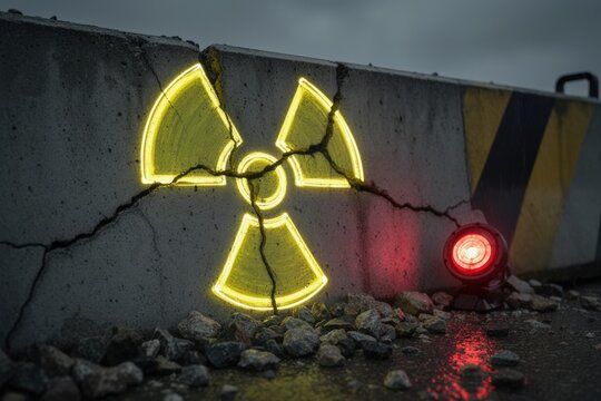 Glowing radiation symbol on cracked concrete barrier with red warning light