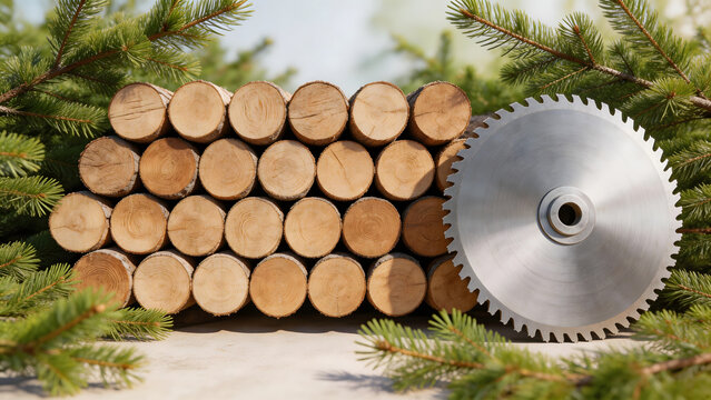 Stacked wood logs and circular saw blade