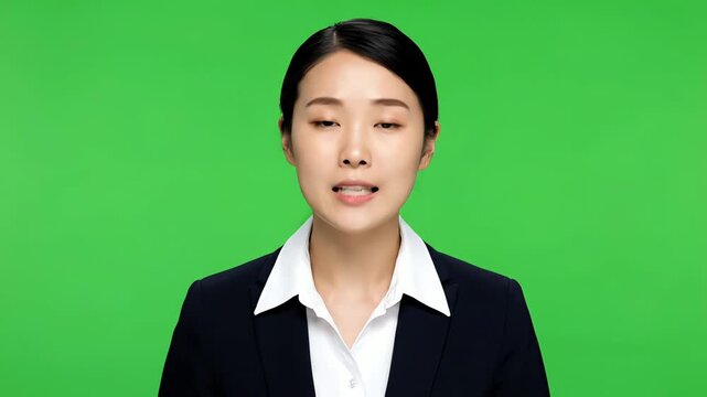 Young businesswoman with an expression of concentration, her eyes are closed and her mouth is slightly open