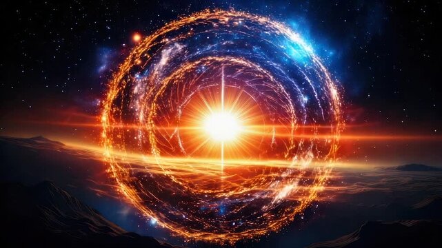 Glowing sphere with layers of light emitting from the center, set in a cosmic landscape