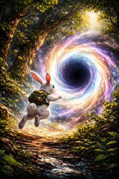 A fantasy landscape painting with rabbits.