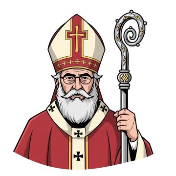 Cartoon-style illustration of a white-bearded cleric holding a staff, wearing traditional attire