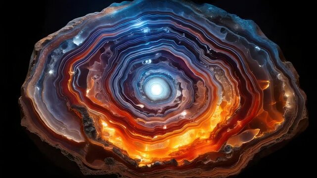 A glowing, layered cross-section of a rock with a central bright light against a black backdrop