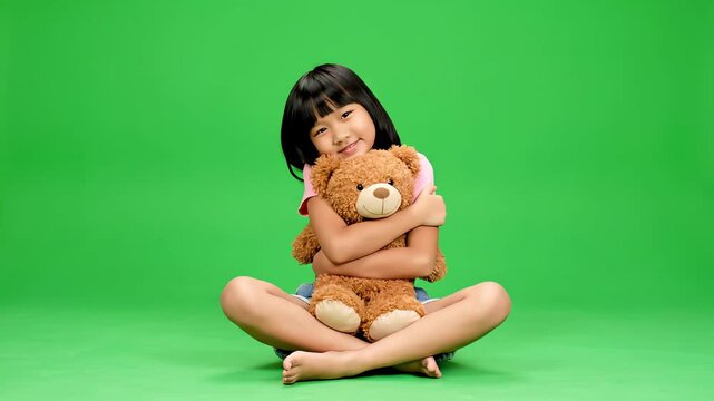 A happy young Asian girl sitting cross-legged on a green background, tightly hugging her beloved teddy bear, showcasing childhood innocence and joy