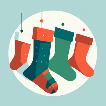 Ilustra&ccedil;&atilde;o vetorial de meias de Natal coloridas penduradas, prontas para receber presentes e celebrar a alegria da temporada festiva de inverno.