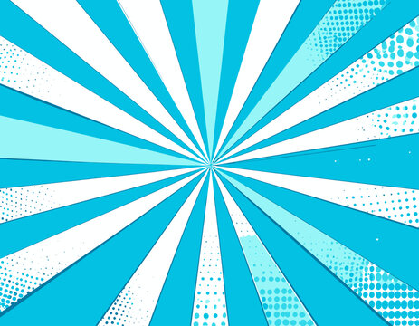 Ein dynamischer Comic-Hintergrund in Blau und Wei&szlig; mit radialen Strahlen und Halbtoneffekten f&uuml;r kreative Pop-Art-Designs und Retro-Illustrationen.