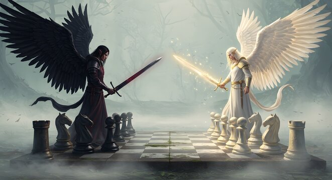 Angels battling on a chessboard, representing light versus darkness. A stunning visual depicting good and evil engaged in strategic combat.