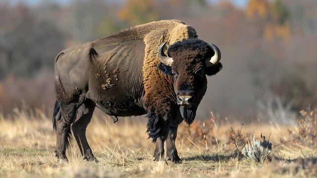 A large, dark bison stands in a field. Brown fur frames the front. Dry grass surrounds