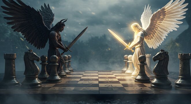 Angelic beings facing off on a chessboard, the epitome of a divine struggle between good and evil. The scene highlights the intensity of the confrontation.