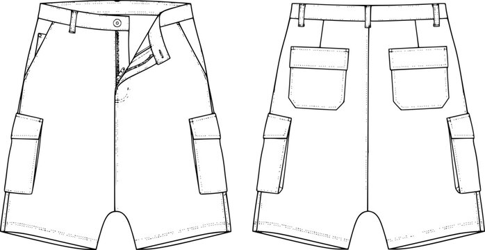 mens wide leg baggy bermuda shorts fashion flat sketch vector illustration technical cad drawing template