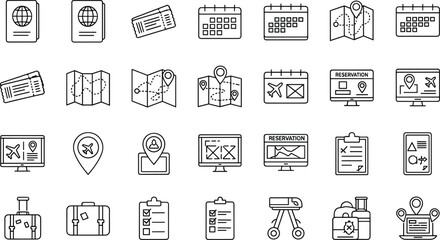 Travel booking and reservation line icons set with tickets passport map flight planning luggage and tourism management concepts © nice