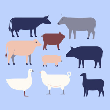 Illustrazione vettoriale piatta di vari animali da fattoria, inclusi mucche, maiali, oche, galline e pecore, su sfondo azzurro.