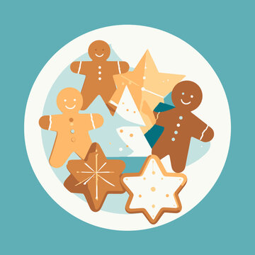Illustrazione piatta di un piatto bianco pieno di allegri omini di pan di zenzero e biscotti a stella decorati, perfetti per le festivit&agrave; natalizie.