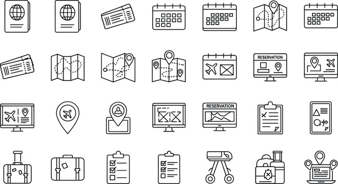 Travel booking and reservation line icons set with tickets passport map flight planning luggage and tourism management concepts