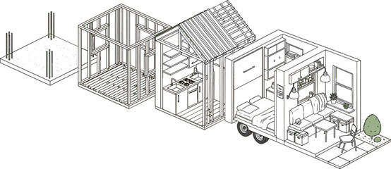 Fototapeta premium Set of Tiny House Construction and Interior Layout Illustrations Featuring Modular Building Structure, Framing, and Compact Living Design