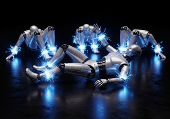 Fototapeta premium A sleek silver robot collapses repeatedly on a dark reflective surface while bright blue electrical sparks erupt from its damaged joints, malfunction, infinite, android