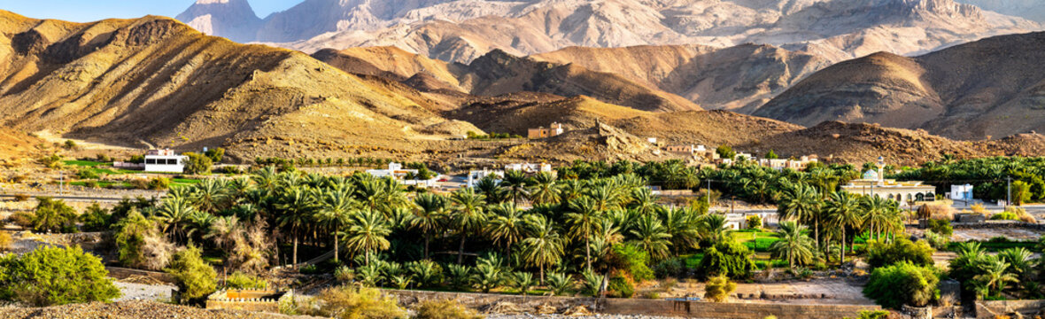 A wide panoramic view of the lush palm oasis and buildings in Al Ayn village and Al Hajar Mountains in Oman