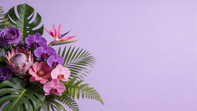 Tropical flower arrangement on purple background