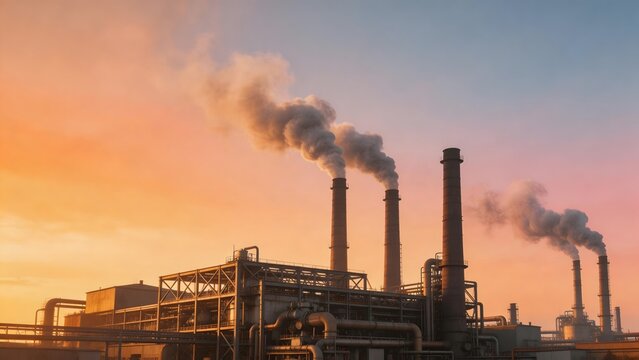 Industrial factory with smokestacks at sunset
