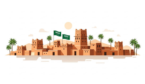 Al Diriyah Saudi Arabia historic ruins vector illustration with Najdi architecture and National Day theme