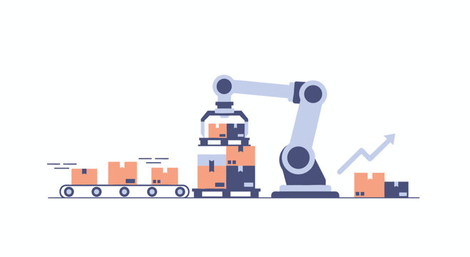 Automated warehouse robot arm stacking boxes on conveyor belt, logistics and industry 4.0 concept