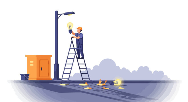 Electrician changing light bulb on street lamp from ladder, urban maintenance