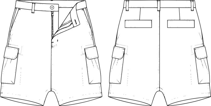 mens wide leg baggy bermuda shorts fashion flat sketch vector illustration technical cad drawing template