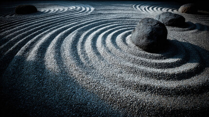 Obraz premium Zen Buddhism, meditation, inner peace, Chinese Japanese Asian tradition. Therapy stress release treatment, health lifestyle. A tranquil Japanese Zen garden with raked sand and large rocks.