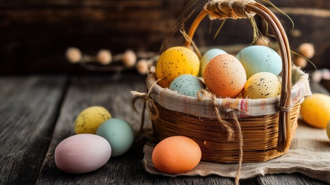 Colorful Easter eggs in a wicker basket on a rustic wooden table with a string of beads in the background for spring holiday decoration