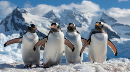 Fototapeta premium Five Penguins Standing close together on snowy