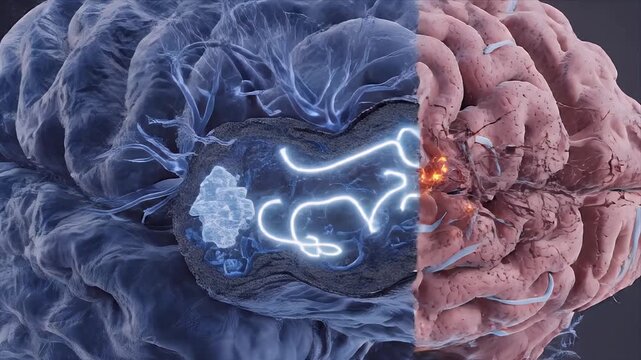 3D CGI Medical Animation Depicting Neural Degeneration And Tau Tangles In The Brain With Glowing Yellow Highlights And Blue Electrical Activity On A Dark Background