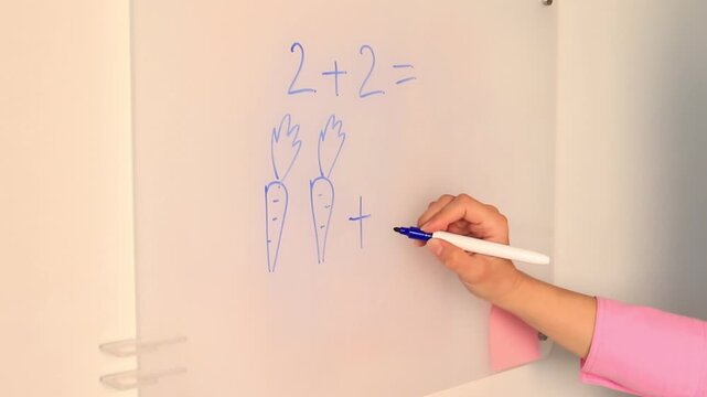 A female teacher's hand writes a math problem and its explanation on a whiteboard with a marker. Elementary school
